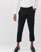 Devils Advocate Slim Fit Linen Pinstripe Pleated Cropped Pants - Navy