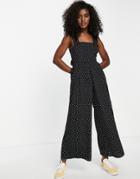 Asos Design Pinafore Frill Cross Back Jumpsuit In Mono Spot Print-multi