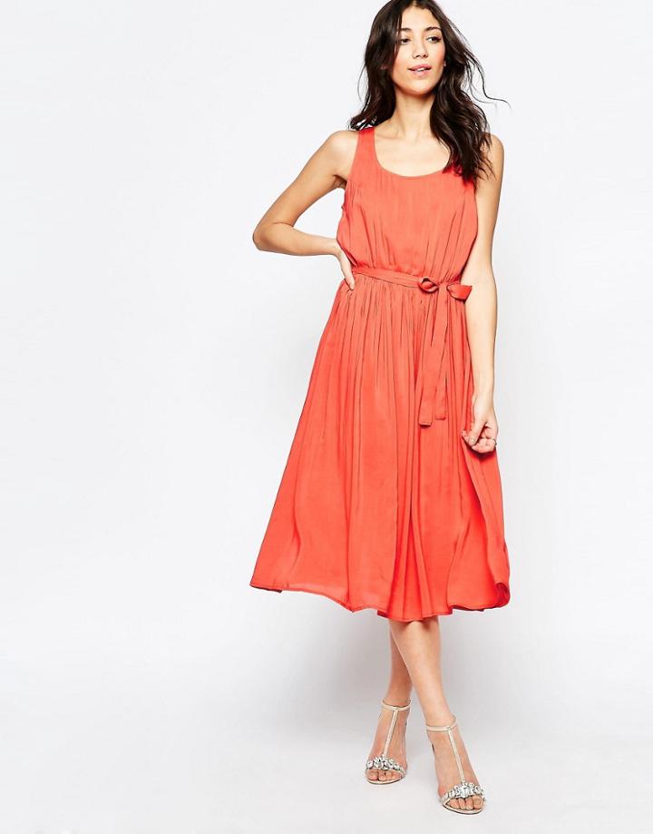 Lavand Pleated Midi Dress With Lace Back - O