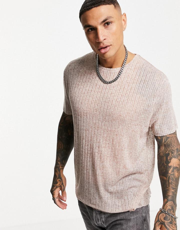 Asos Design Relaxed Fit T-shirt In Lightweight Rib With Raw Edges In Tan-brown