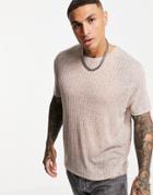 Asos Design Relaxed Fit T-shirt In Lightweight Rib With Raw Edges In Tan-brown