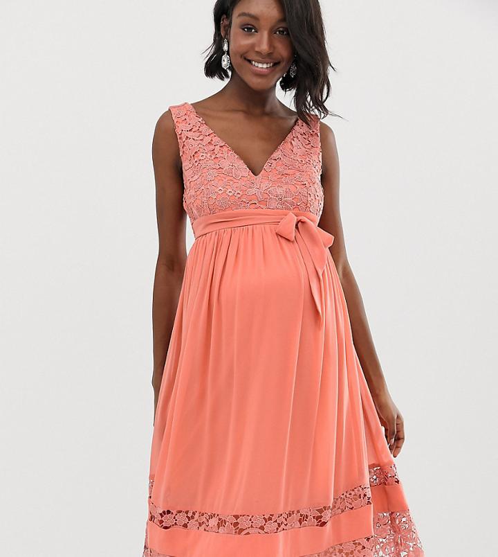 Little Mistress Maternity Contrast Lace Full Prom Midi Skater Dress In Coral - Pink