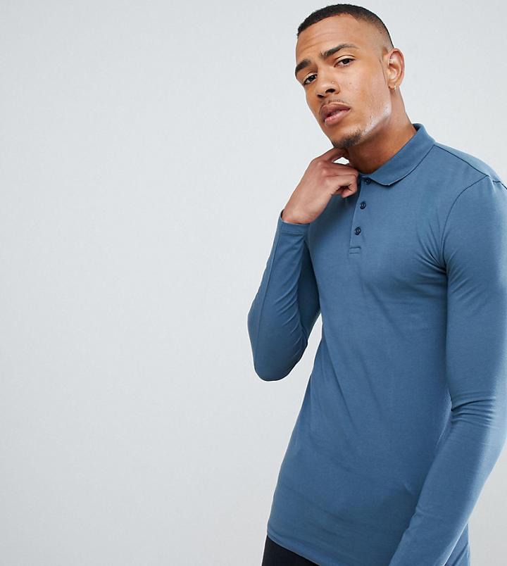 Asos Tall Muscle Fit Long Sleeve Polo In Jersey In Blue - Blue