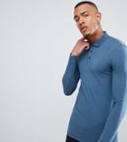 Asos Tall Muscle Fit Long Sleeve Polo In Jersey In Blue - Blue