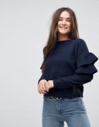 Brave Soul Erin Frill Sleeve Sweater In Chenille - Navy
