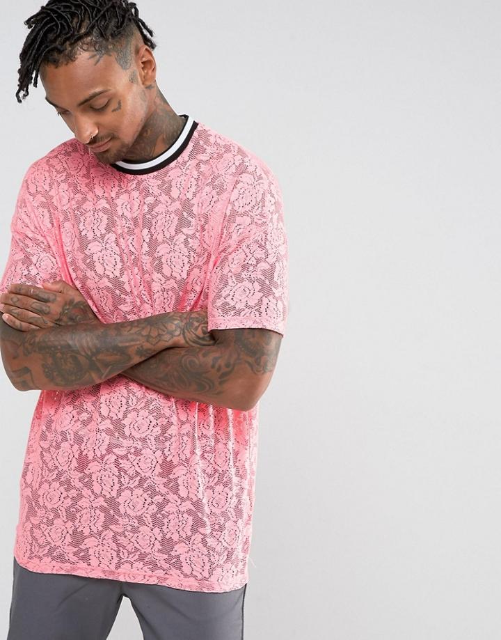 Asos Oversized T-shirt In Lace In Pink - Pink