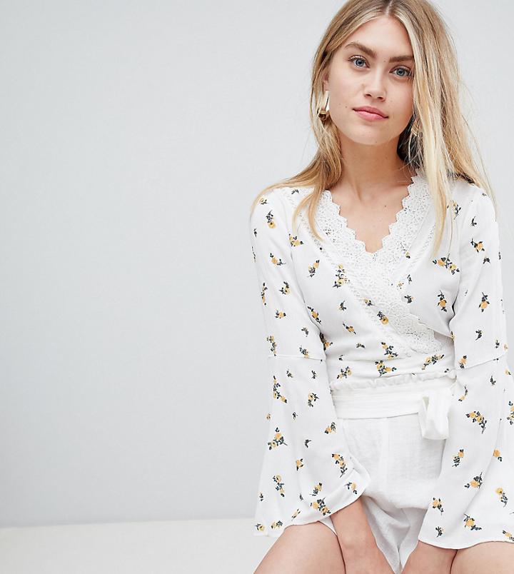 Miss Selfridge Wrap Front Blouse In White Floral Print