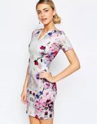 Hope And Ivy Pencil Dress In Mirrored Placement Floral Print - Cream Multi