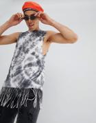 Asos Design Festival Super Longline Sleeveless T-shirt With Hem Fringing In Spiral Tie Dye - Gray