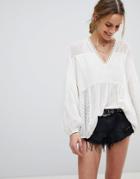 Asos Longline Blouse In Dobby Lace Mix - Cream