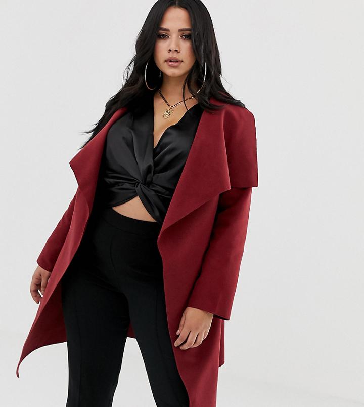 Boohoo Plus Tie Waist Waterfall Coat In Wine - Red