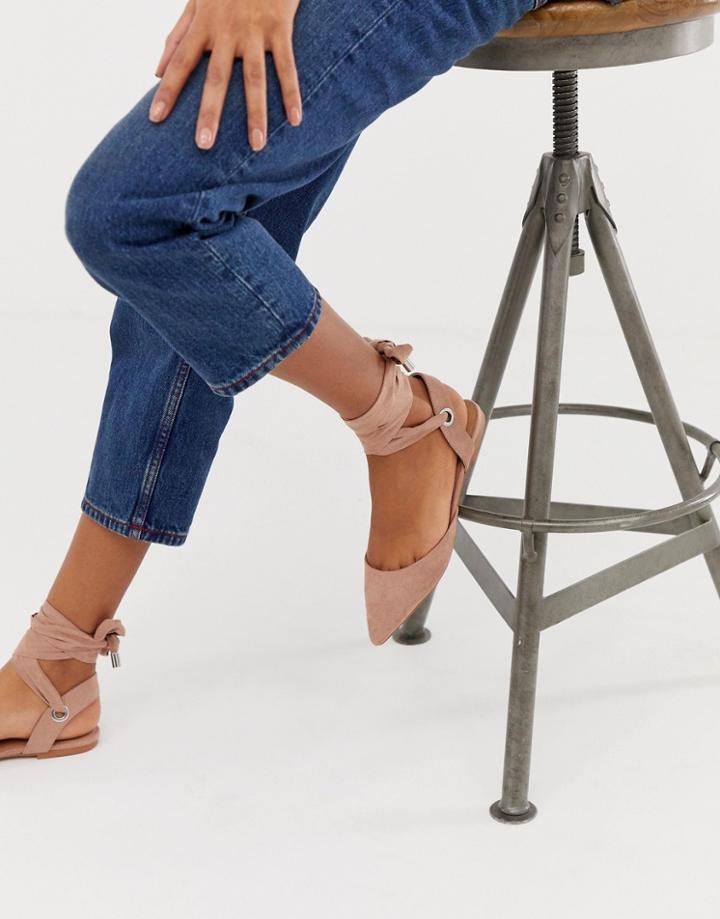 Asos Design Louisa Tie Leg Pointed Ballet Flats In Pink-beige