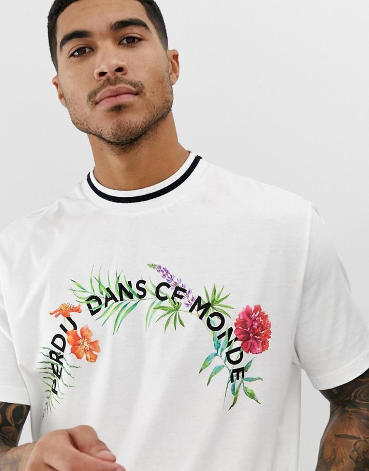 Asos Design Organic Cotton Relaxed T-shirt With Floral Text Print And Tipped Rib - White