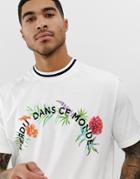 Asos Design Organic Cotton Relaxed T-shirt With Floral Text Print And Tipped Rib - White
