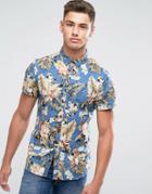 Blend Palm Print Hawaiian Shirt Short Sleeve - Blue