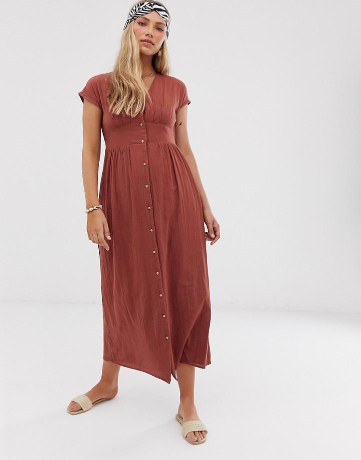 Vero Moda Button Front Textured Cotton Maxi Dress - Brown