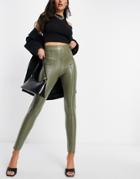 Asos Design Leather Look Leggings With Pintuck In Olive-green