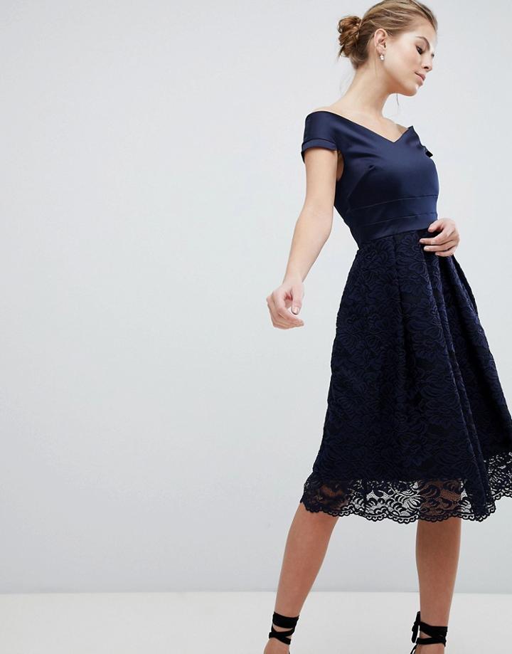 Vesper Lace Bardot Skater Dress - Navy