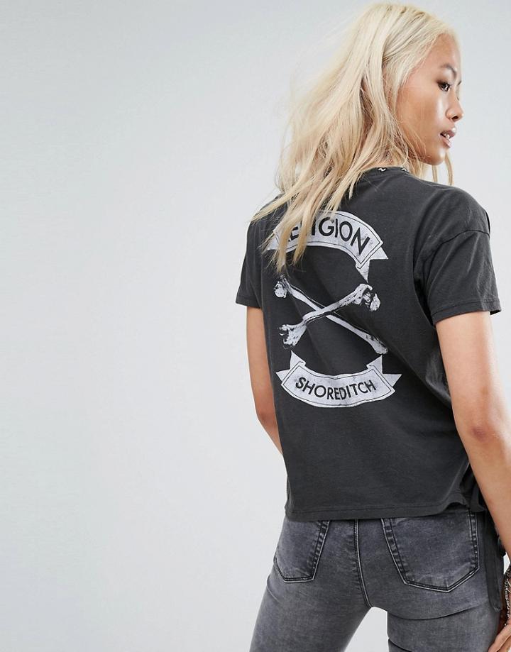 Religion T-shirt With Cross Bones Back Print And Chain Link Collar - Black
