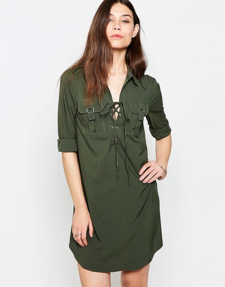 Madam Rage Shirt Dress With Lace Up Front - Green