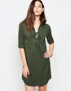 Madam Rage Shirt Dress With Lace Up Front - Green