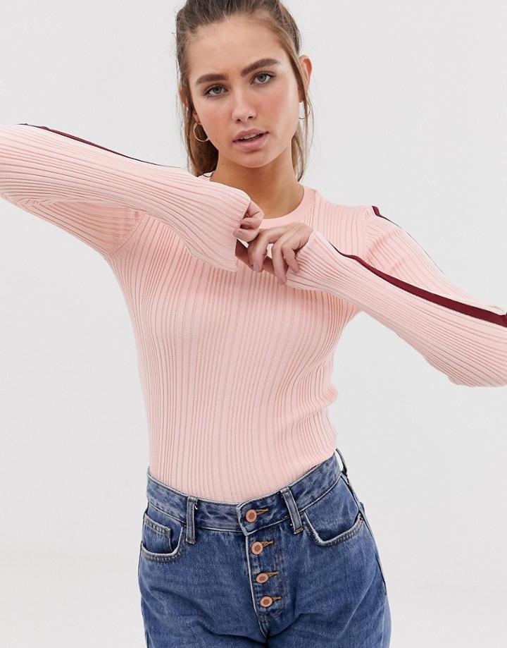 Bershka Long Sleeve Side Stripe Knitted Top In Pink - Pink
