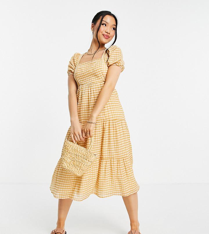 Violet Romance Petite Tiered Midi Dress With Lace Up Back In Grid Print-brown