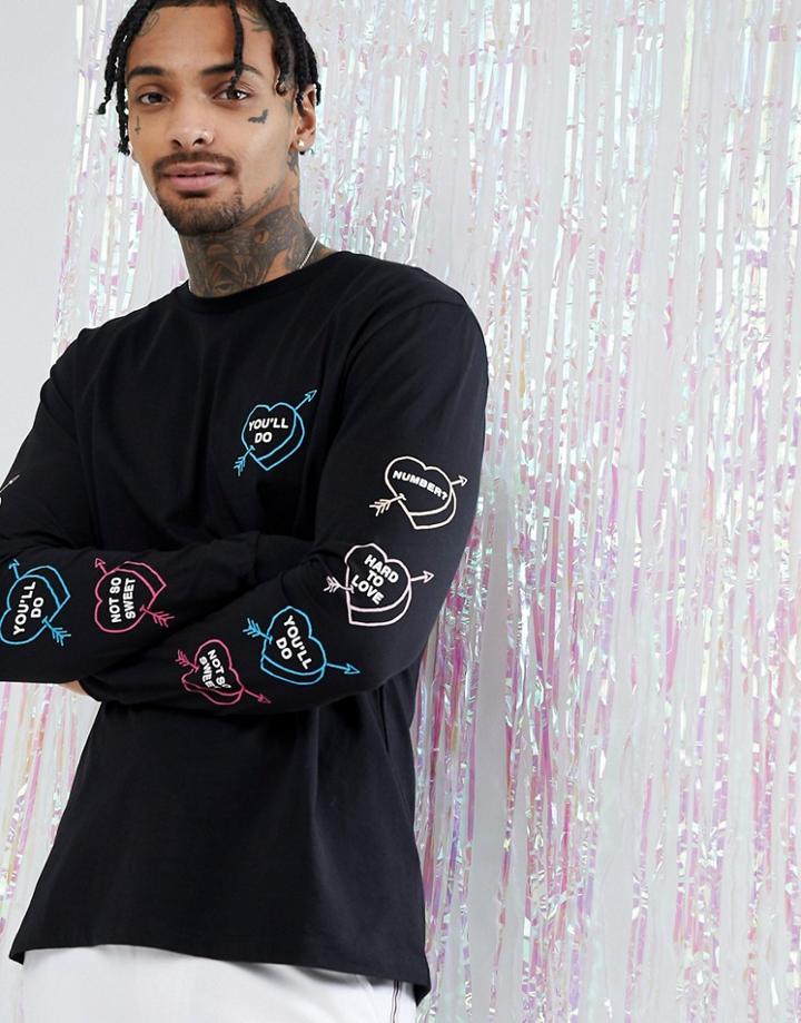 Asos Valentines Relaxed Long Sleeve T-shirt With Heart Sleeve Print - Black