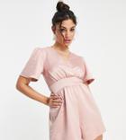 Miss Selfridge Petite Satin Angel Sleeve Tie Back Romper In Blush-pink