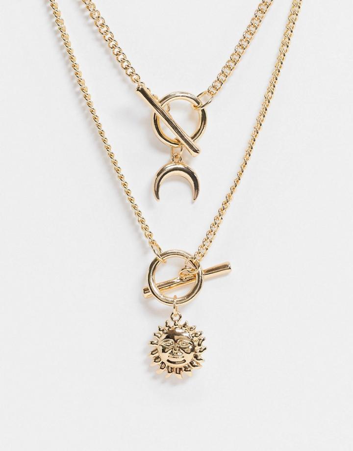 Asos Design Necklace With T-bar And Sun And Moon In Gold Tone