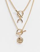 Asos Design Necklace With T-bar And Sun And Moon In Gold Tone