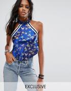 Reclaimed Vintage Inspired Festival High Neck Top In Brocade With Sports Tipping Trim - Blue