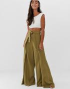 Monki Wide Leg Beach Pants In Khaki-green