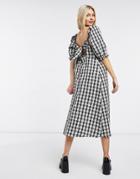 Nobody's Child Puff Sleeve Square Neck Midi Dress In Monochrome Check-multi