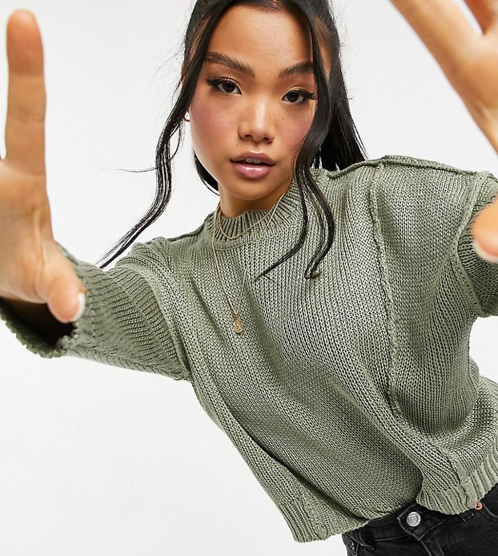 Asos Design Petite Boxy Sweater With Crew Neck In Khaki-green