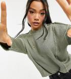 Asos Design Petite Boxy Sweater With Crew Neck In Khaki-green