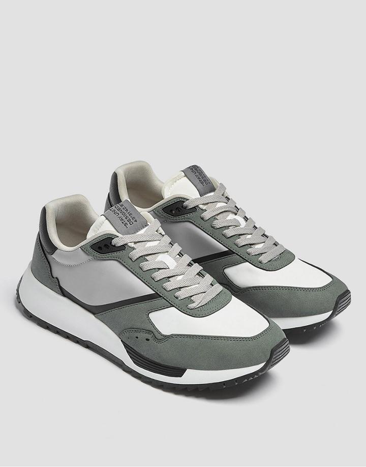 Pull & Bear Contrast Chunky Runner Sneakers In Dark Green