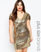 Club L Plus Size Sequin Dress With V Neck - Gold