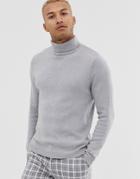 Asos Design Midweight Cotton Roll Neck Sweater In Light Gray