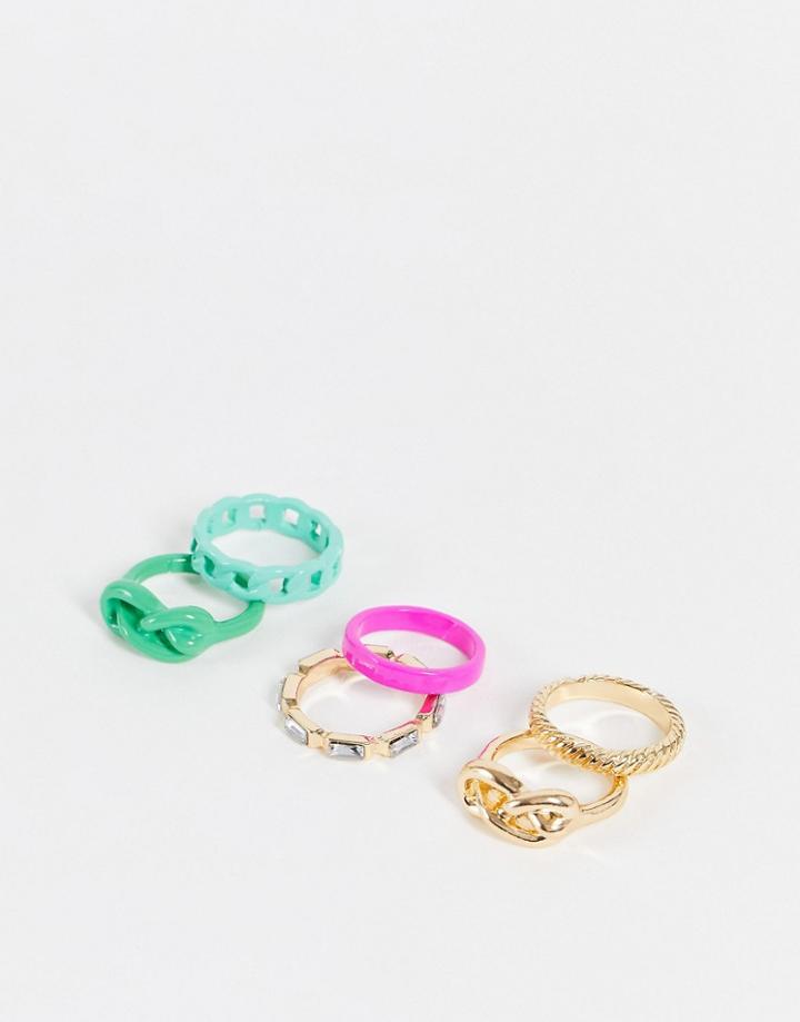 Asos Design Pack Of 6 Rings In Mixed Color Enamel And Gold Tone