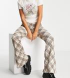 Topshop Tall Crinkle Check Print Flared Pants In Cream-neutral