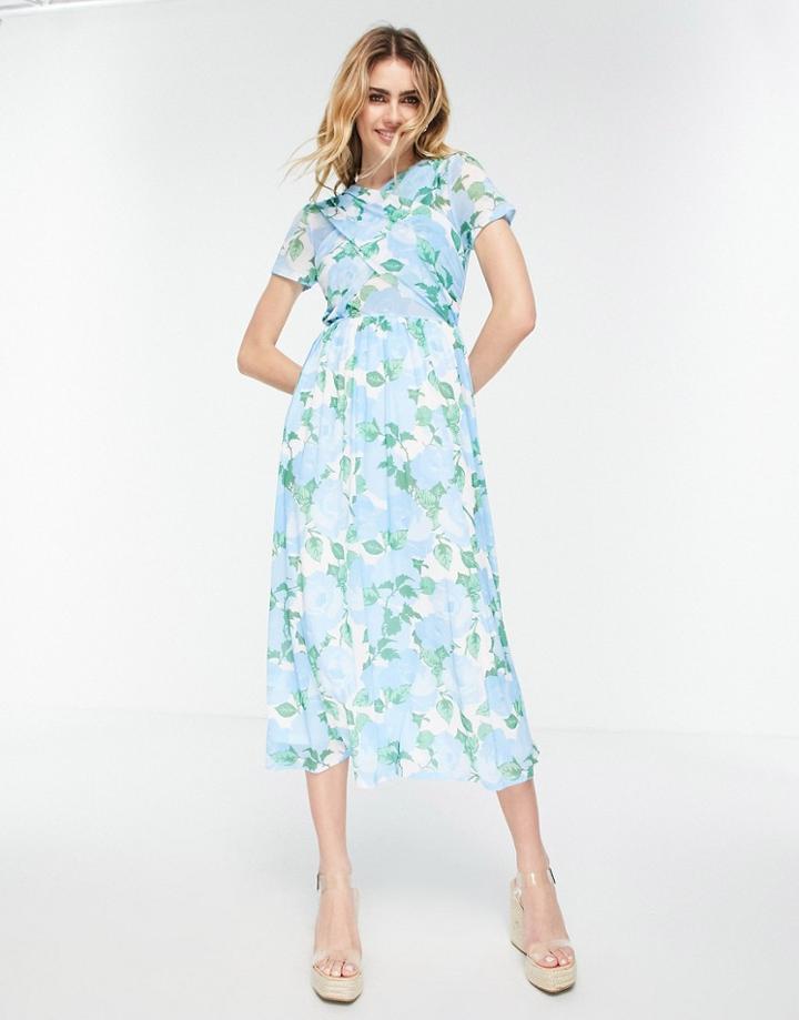 Asos Design Mesh Midi Dress With Wrap Front Detail In Blue Floral-multi