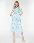 Asos Design Mesh Midi Dress With Wrap Front Detail In Blue Floral-multi