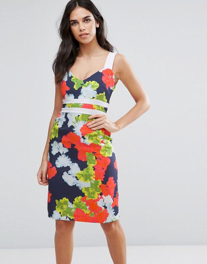 Vesper Floral Pencil Dress With Contrast Waistband - Multi