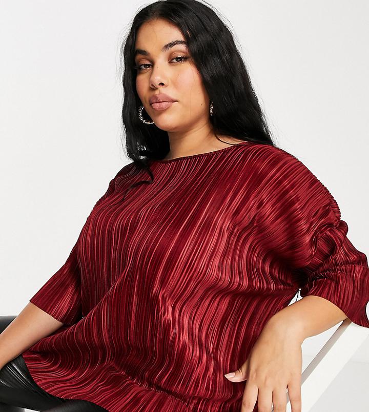 Asos Design Curve Plisse T-shirt In Burgundy-red