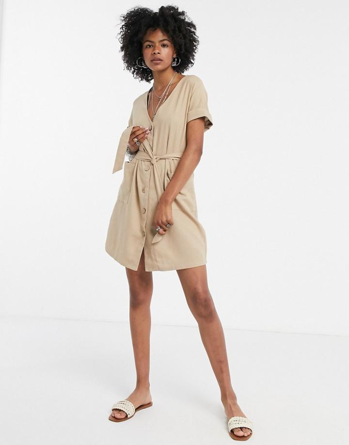 Vila Tie Waist Mini Dress In Tan-brown