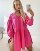 Asos Design Tiered Long Sleeve Smock Dress In Pink