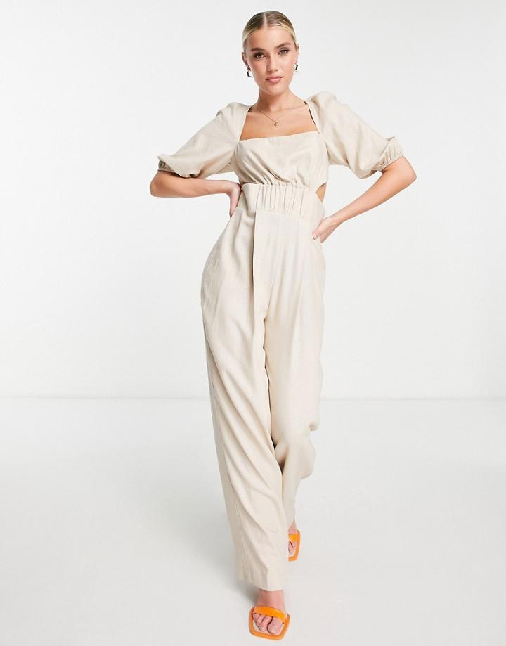Asos Design Ruched Waist Puff Sleeve Linen Jumpsuit In Stone-neutral