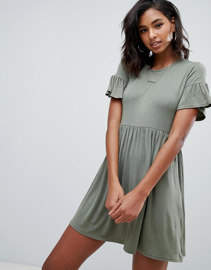 Boohoo Smock Dress With Frill Sleeve In Khaki - Green