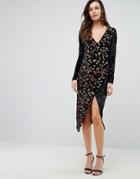 Club L Embroidered Velvet Wrap Asymetric Dress - Black